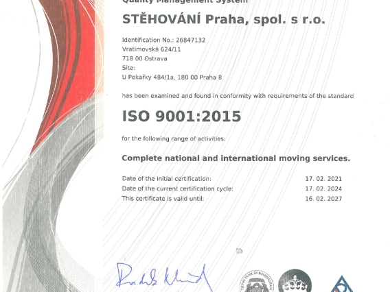 certification ISO 9001 for STĚHOVÁNÍ Praha, spol. s r.o.